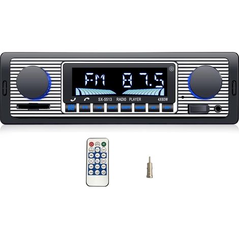 Autoradio Bluetooth 1 DIN, Poste Radio Voiture Bluetooth, Radio FM, Autoradio Vintage Télécommande,7 Couleurs LED La Lecture de Musique USB/MP3/WMA/WAV/SD/TF,4X60W,Port de Charge USB (1/5)