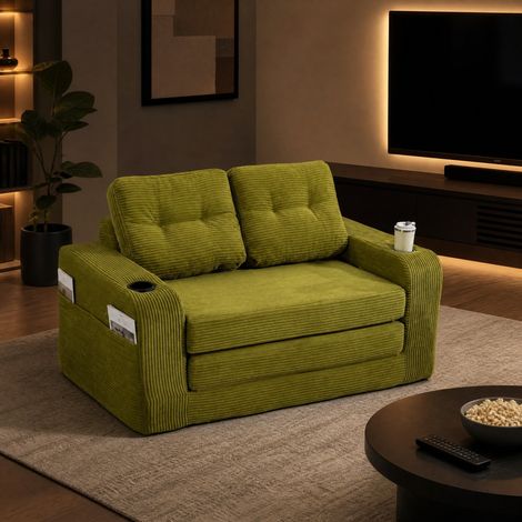 Divano a 2 posti in tessuto effetto corduroy verde oliva con portabicchieri e tasche laterali (1/5)