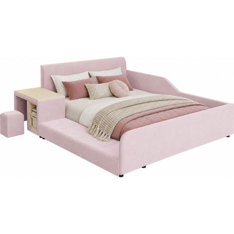 CHICFURN Lit enfant 140x200 avec bureau et tabouret, lit 1 place en velours rose avec tête de lit rembourrée, étagère intégrée et sommier à lattes en bois (1/5)