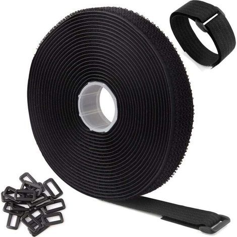 Attache-câble/sangle ajustable réutilisable noire de 5 mètres avec 25 boucles et fermeture Velcro pour la gestion des câbles (5 mètres x 2 centimètres, noire) (1/4)