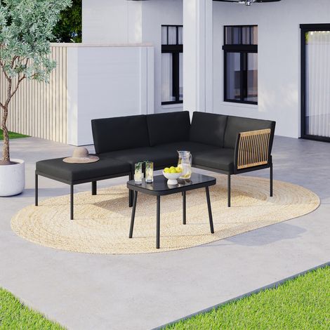 Conjunto de muebles de jardín modulares bajos de 4 plazas RIO estructura de metal negro, cordaje efecto ratán claro con cojines