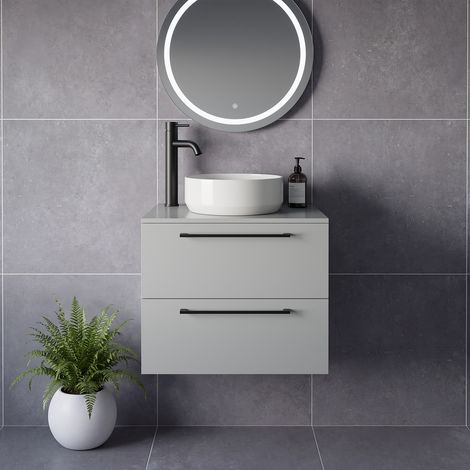 Napoli 460 Gloss Grey Pearl 600mm Wall Mounted 2 Drawer Vanity Unit for Countertop Basins - 600mm - Matt Black 320mm Handle