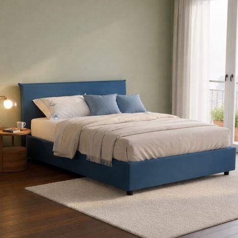 Talamo Italia Cama matrimonial Bibiana, Cama contenedor con revestimiento de tela, 100% Made in Italy, Apertura frontal, con colchón Cm 160x190 incluido, Azul, con embalaje reforzado (1/5)