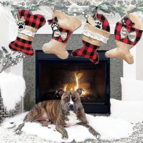 Lot de 2 chaussettes de Noël pour chien, en toile de jute à carreaux, en forme d'os et de poisson, décorations de Noël
