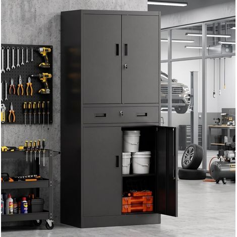 Armadio portautensili 75x40x180 cm in acciaio nero con ripiani per garage FloraGrace (1/5)