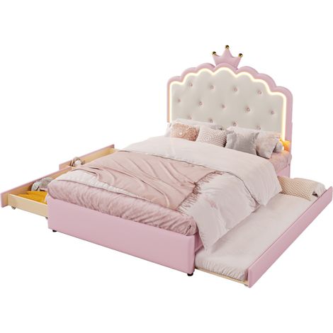 Letto imbottito 140x200 cm con rete a doghe, letto estraibile, 2 cassetti e luci LED regolabili, design corona da principessa in cuoio rigenerato rosa CHICFURN (1/5)