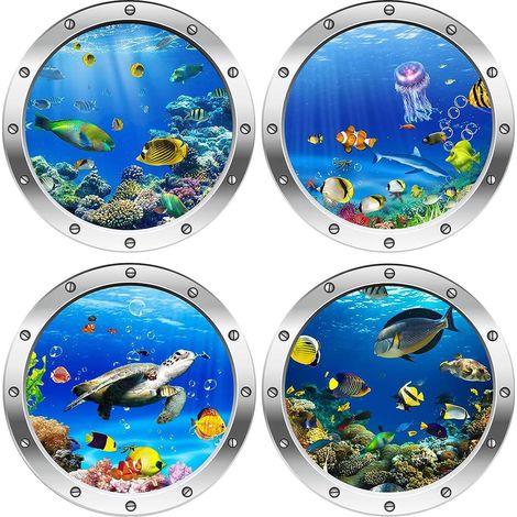 pegatinas de pared del mundo marino, calcomanías de vida marina, pegatinas de pared de tortugas, calcomanías de ventana de PVC sintético, mundo submarino, decoración de habitación infantil, 30x30cm (1/5)