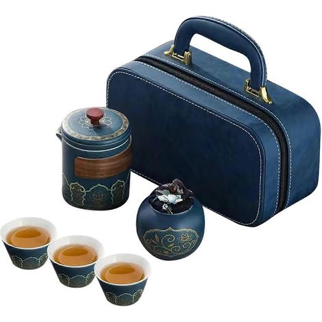 Tragbares Reise-Teeset (1 Set): Keramik-Teekanne, Teedose, Teetasse, Teedose mit Lederbeutel. (1/5)