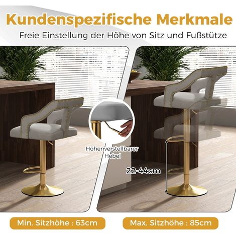 Verstellbare Samt-Barhocker, drehbar, 2er-Set, Grau