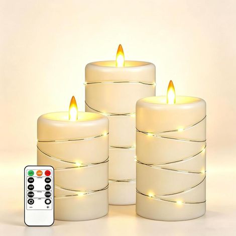 3 elfenbeinfarbene LED-Kerzen mit Lichterkette, realistische Flammenimitation, inklusive Fernbedienung (1/4)