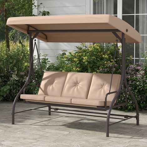Balancelle jardin kaki – 3 places convertible, coussins, toit réglable – Métal polyester, robuste (1/5)