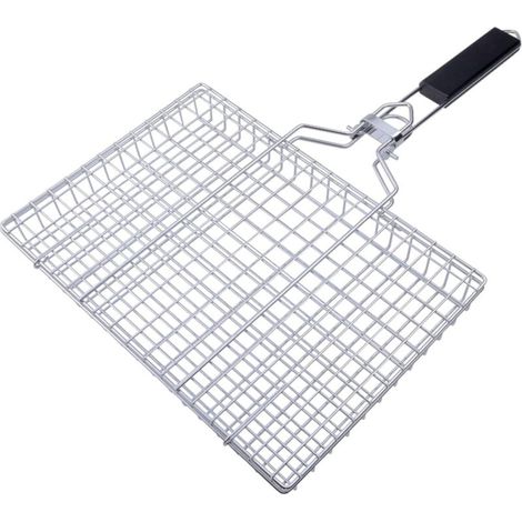 stainless steel grill basket (50 x 32 x 3.5 cm), alloy grill with wooden handle, suitable for vegetables, meat and fish