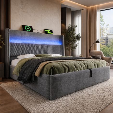 Polsterbett 180x200 cm in Leinenoptik Grau mit LED und Stauraum – MEUBLIV (1/5)