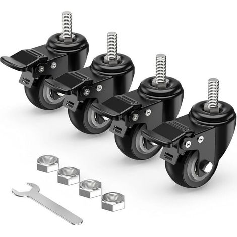 Roulettes Pivotantes M12 50mm 4 Pièces avec Frein, Tige Filetée, Charge Lourde jusqu’à 250kg, Lot de 4 Roulettes (1/4)