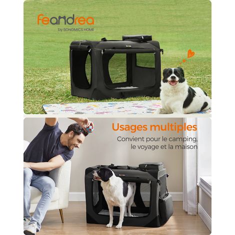 Sac Transport Chat Chien, Caisse Pliable pour Animaux de Companie, Taille XL, Tissu Oxford et Filet, Respirant, Portable, Cadre en Métal, avec Poignées et Pochettes, 81 x 58 x 58 cm, Noir (1/5)