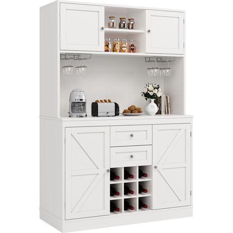 Aparador de Cocina Alto con 4 Puertas, 2 Cajones, Estantes Ajustables y Botellero, en MDF, 120x40x188 cm, Blanco (1/5)