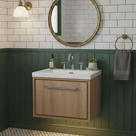 Hudson Reed Lille Wall Hung 1-Drawer Vanity Unit with 3TH Contemporary Basin 600mm Wide - Bleached Oak