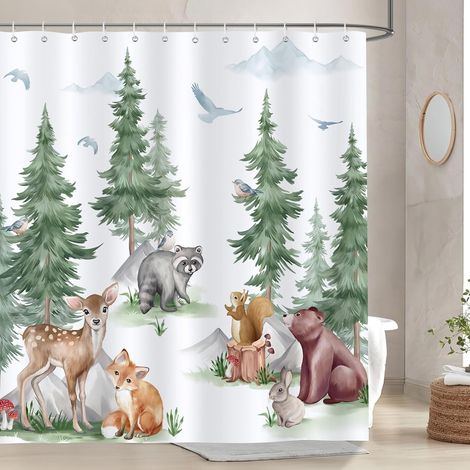 1 Rideau de douche, Animaux Forêt, Polyester Imperméable, 180x180 cm, Crochets Inclus, Salle de bain