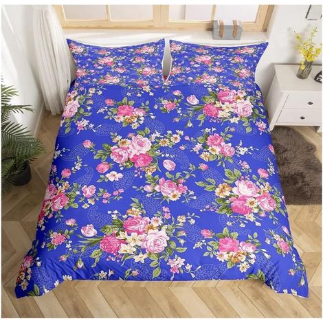 Imprimé Floral Housse de Couette Motif Fleur Rose Parure de Lit 200x200cm Bleu Boho Imprimé Ensembles de Housse de Couette - I0B (1/4)