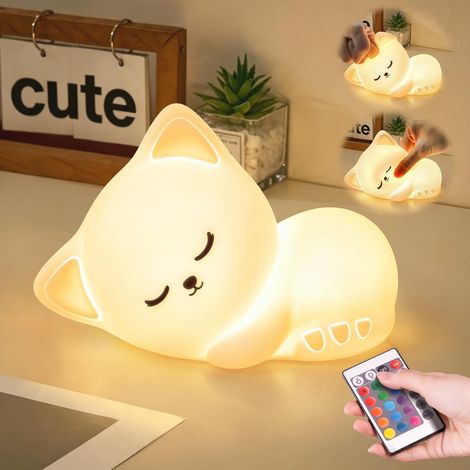 Veilleuse Chat en Silicone Rechargeable 16 Couleurs avec Télécommande, Lampe de Chevet Tactile à Intensité Réglable (1/5)