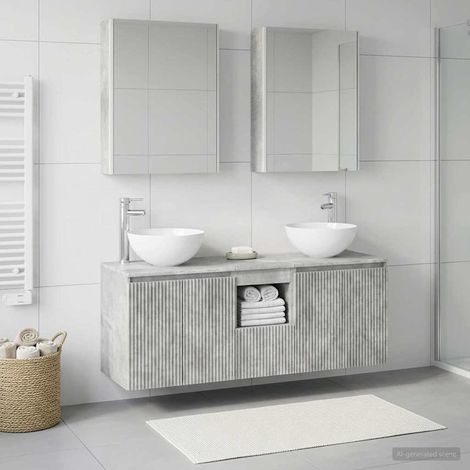 Ensemble meuble salle de bain 5 pièces gris béton avec vasques miroir LED rangement mural en bois d’ingénierie (1/5)