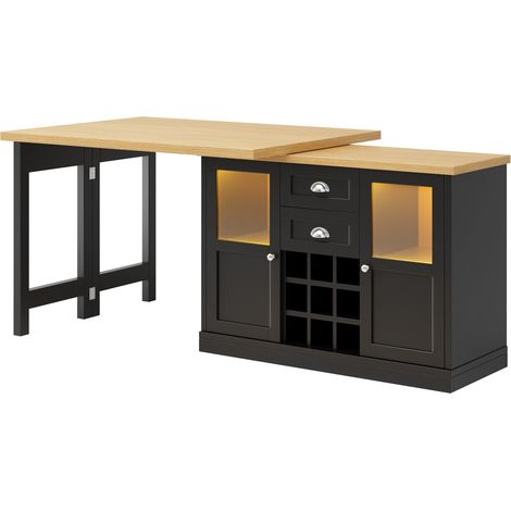 Mesa de comedor extensible giratoria 360° con LED, almacenaje y botellero 120-197 cm negra (1/5)