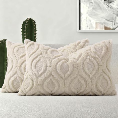 Lot de 2 Housses de Coussin rectangulaires en Fausse Fourrure de Style bohème Neutre pour canapé, 30 x 50 cm, Beige (1/5)