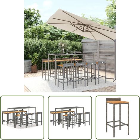 The Living Store Ensemble de bar jardin 9 pcs gris poly rotin/bois massif acacia - Ensemble Salon De Jardin - Mobilier De Jardin - Table De Bar - Set De Bar - Chaise Haute (1/5)