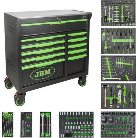 JBM 54748 Cassettiera a 11 cassetti verde con utensili 331 Pz.