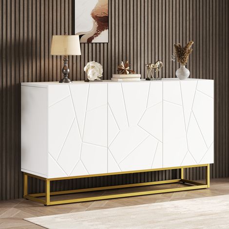 Aparador de aglomerado blanco y dorado 130 x 38 x 76 cm, 3 puertas, baldas regulables, frentes brillo (1/5)