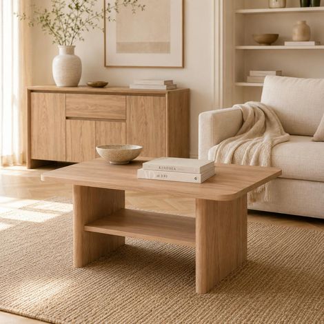 Table basse rectangulaire effet bois à double plateau ALVA (1/5)