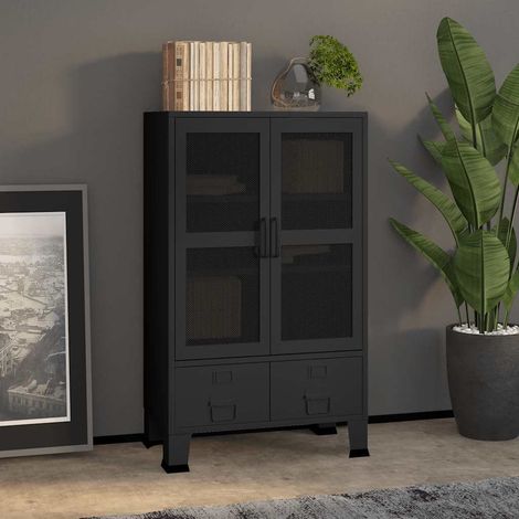 Armoire de rangement industrielle en métal noir, 2 portes, 2 tiroirs, 70 x 40 x 115 cm - PANGIVO (1/5)