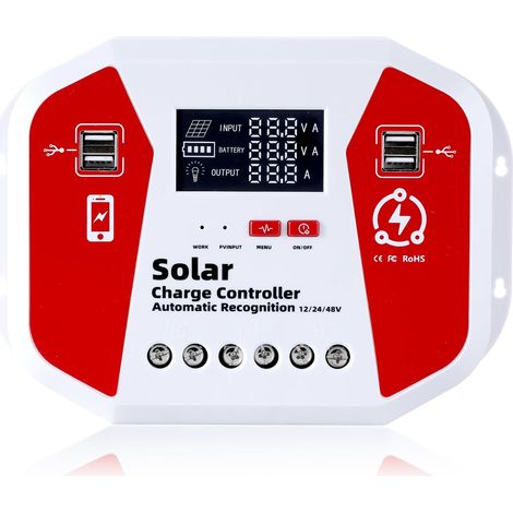 12V/24V Contrôleur De Charge Solaire, PWM Contrôleur De Charge Panneau Solaire, LCD Écran, 4 Ports USB, Compatible Gel Sealed Flooded Et La Batterie Au Lithium (100A) (1/5)