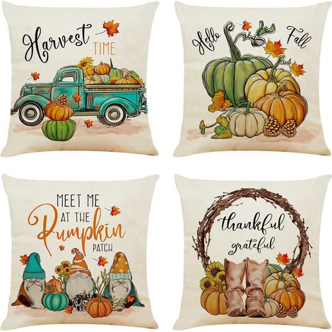 50x50cm Herbstgelbe Leinen-Kissenbezüge, Dekorative Sofakissen, 4er-Set orangefarbene Blätter-Kürbis-Kissenbezüge