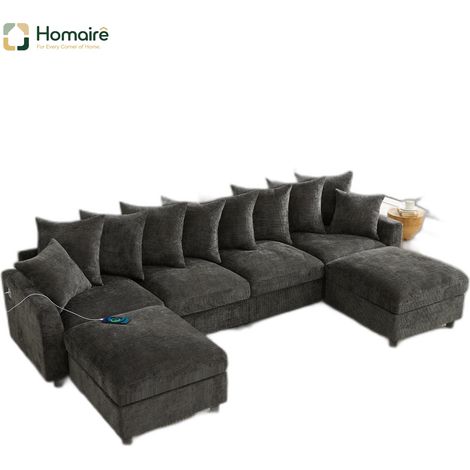 Canapé modulable en velours gris avec accoudoirs et port USB 283 x 153,5 x 78,5 cm HOMAIRE (1/5)
