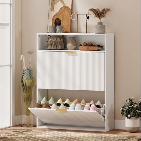MEUBLIV Mobile portascarpe bianco 80x24x102,5 cm – 2 ante a ribalta e ripiano aperto (1/5)