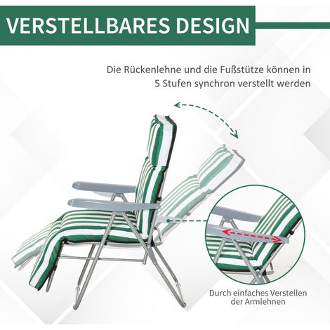Lot de 2 transats de jardin pliants avec coussins, 60 x 75 x 102 cm, en acier, couleur vert et blanc