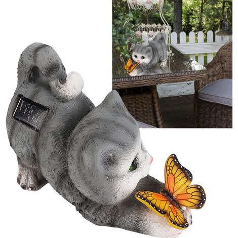 Solarbetriebene Katzenfigur für den Außenbereich, geeignet für Balkon, Hof, Rasen und Garten Landschaftsbeleuchtung Tierfigur mit Katze und Schmetterling. (1/5)