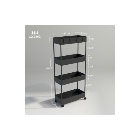 Desserte de cuisine noire en plastique à 4 niveaux avec roulettes et freins, pour cuisine, chambre et salon (1/5)