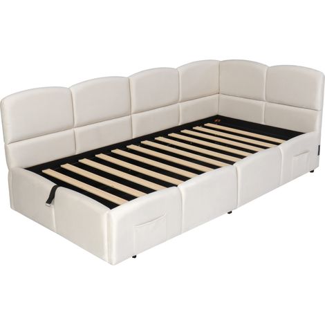 Letto contenitore 90x200 cm in velluto beige con rete, USB e tasche portaoggetti (1/5)
