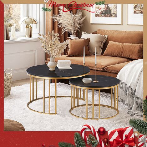 Coffee Table Set, Nesting Coffee Table,Stacking End Side Table with Golden Metal Frame, Black (1/5)