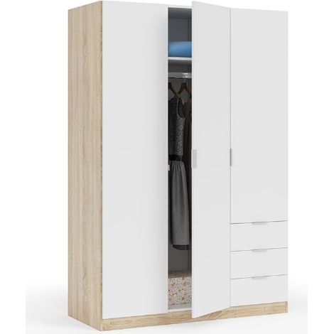 Armadio 121x52x180h cm con 3 ante e 4 ripiani rovere canadese e bianco - Acacia (1/7)