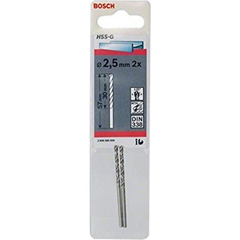 Bosch Punte per Metallo HSS-G, DIN 338, 2,5 x 30 x 57 mm, 2 Pezzi, 2608585909