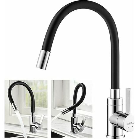 Robinet de Cuisine Flexible Bec Haut Orientable Librement Mitigeur Évier Flexible Laiton Chromé et Noir Robinet Evier Monotrou à Eau Chaude et Froide (1/5)