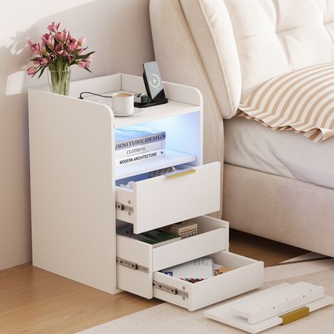 Pack de 2 mesitas de noche con LED y puerto USB, 2 cajones + cajón secreto oculto, mesillas modernas para dormitorio y salón, blanco (1/5)