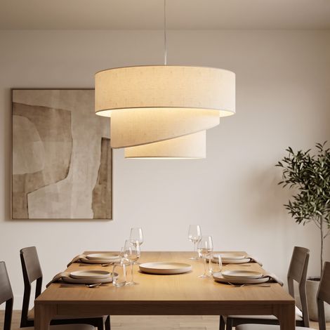 Suspension Luminaire à 3 Abat-Jour Effet Lin, Ampoule Non Incluse E14 40 W, Câble Réglable, Rosace Dorée, Beige (1/5)