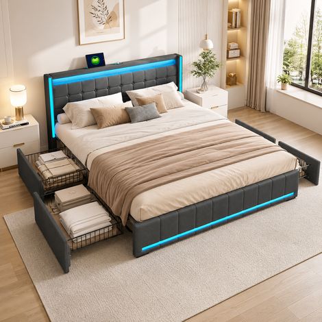 Lit coffre 160 x 200 avec 4 tiroirs - Lit double adulte 160 x 200 - Lin - Gris foncé - LED réglable et chargement USB - Sommier à lattes (1/5)