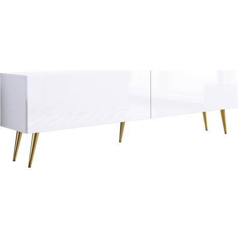 Meuble TV : Blanc Mat / Blanc Brillant, pieds dorées, 170 × 52 × 32 cm (1/5)