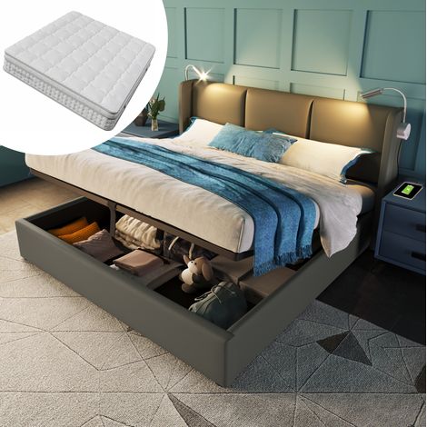 Lit double capitonné 160x200 cm gris en PU avec tête de lit, liseuse, charge USB, coffre de rangement, sommier et matelas (1/5)