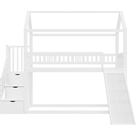 Cama alta infantil 90 x 200 cm blanca con tobogán, escalera de almacenaje y barandillas (1/5)